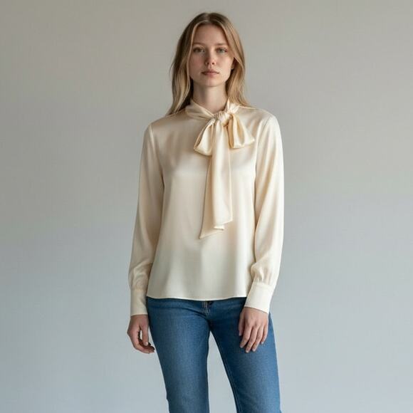 J.CREW COLLECTION CREAM SILK BLOUSE WITH TIE NECK WOMEN SIZE SMALL - Picture 2 of 14